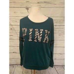 Victorias Secret VS PINK Long Sleeve Tee Sz S Teal Zebra Print Logo Lightweight